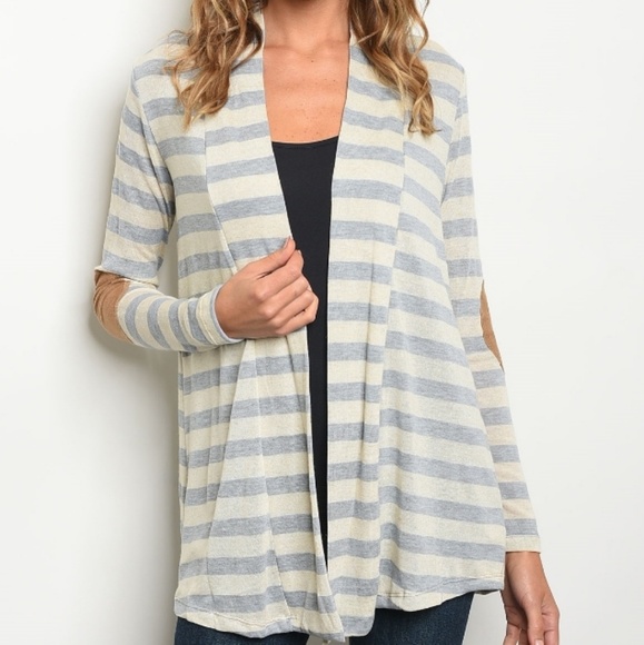 💕Ivory & Gray Striped Cardigan w/Elbow Patches - Picture 2 of 3